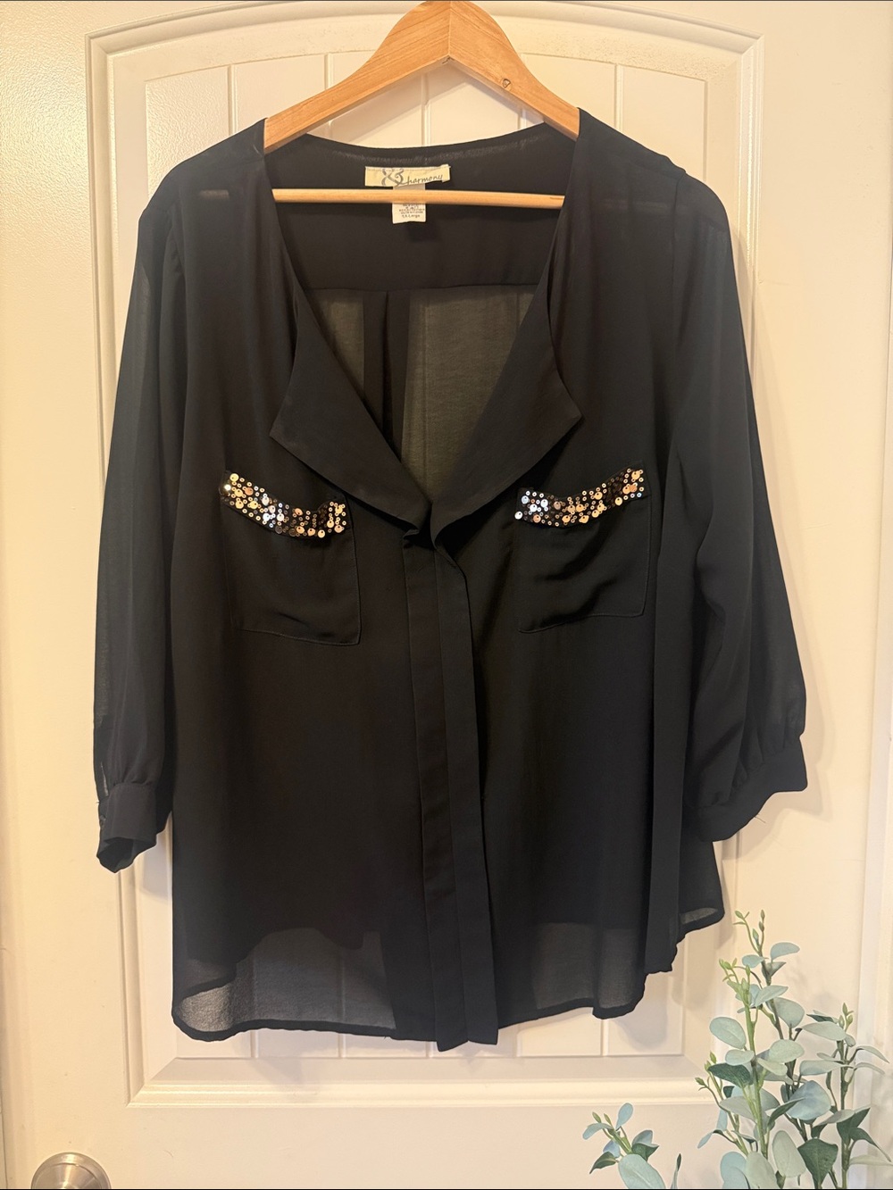 Sequin-Pocket Black Chiffon Blouse -